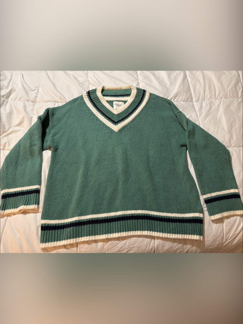 Abercrombie & Fitch Green V-Neck Sweater with Cream and Black Trim